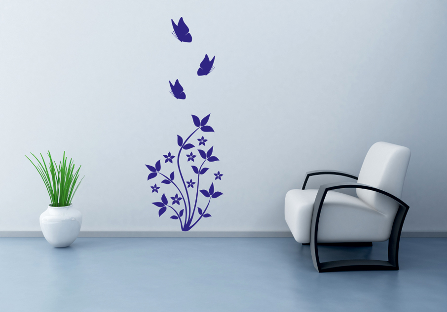 Nálepky na stenu - Rastlina s tromi motýliky - Kliknutím na obrázok zatvorte -