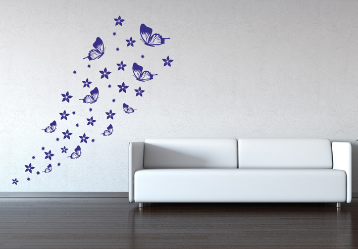 Nálepky na stenu - Sada motýlikov s kvetinkami