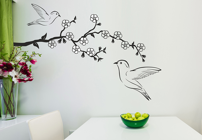 Nálepky na stenu - Čerešňa s vtáčikmi