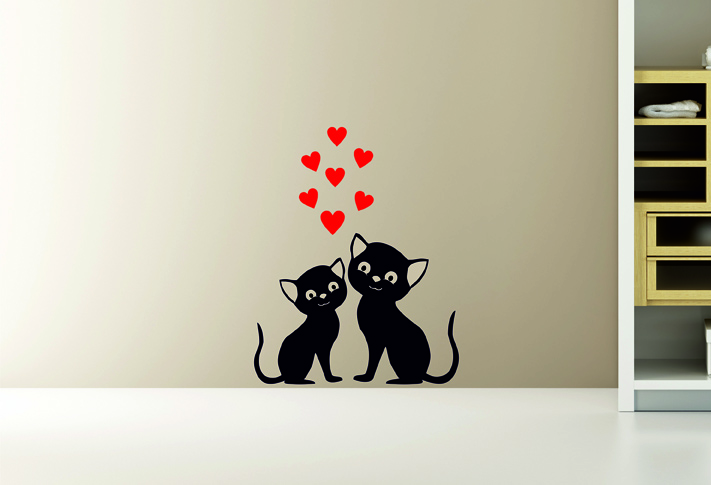 Nálepky na stenu - Dve mačičky so srdiečkami
