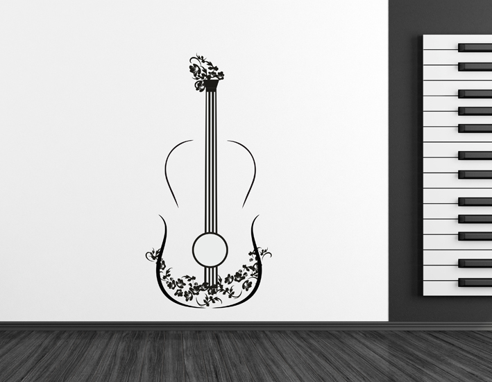 Nálepky na stenu - Gitara zdobená kvetinami